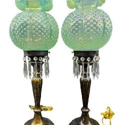 2 RARE FENTON WILLOW GREEN HOBNAIL TALL
