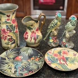 Parrot lot Jug, Vase, plates & Figurines