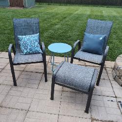 Two Outdoor Armchairs, Two Throw Pillows,(1) Side Table, (1) Ottoman