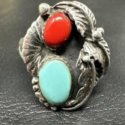 Navajo 925 Sterling Turquoise & Red Coral Ring