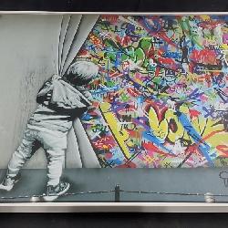 Banksy-Style Kid Spray Paint Illusion – Colorful Urban Canvas Wall Art