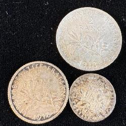 (3) Silver Uncirculated France 1918 Two Francs, >