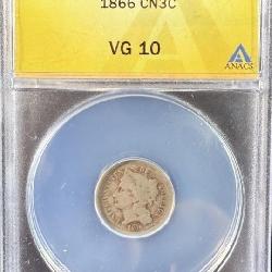 1866 Silver 3 Cent Piece VG10 ANACS