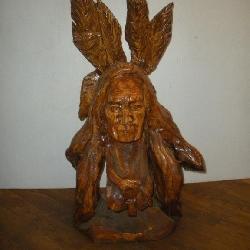 Carved Wooden Indian Head   38 Inches Tall