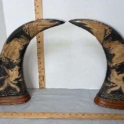 Intricately Hand Carved Asian Water Buffalo Horns