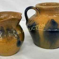 Two Early NC Auman Pottery with Cobalt Blue 4-5 In