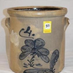 4 gallon Crock w/ cobalt design w/ wear & chips
