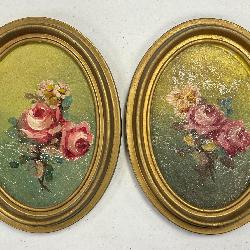 2 Small Antique Oval Rose Paintings