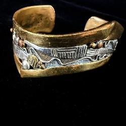 Sterling Silver, Copper & Brass Abstract Cuff >