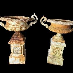 2 LARGE ANTIQUE CAST IRON URNS ON PEDESTALS