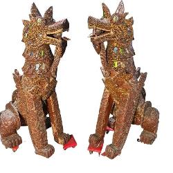 2 5 FT HAND CARVED JEWELED FOO DOGS