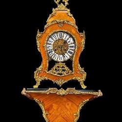 FRENCH INLAID BRONZE ADORNED CLOCK AND SHELF