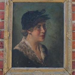 19th Century Oil on CanvasPortrait of Lady in Hat
