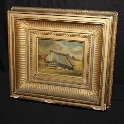 19th Century Oil on Board Log Cabin 7