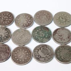 12 US Shield Nickels, Ca1866 ï¿½ 1883.  Heavily