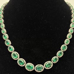 AIGL 14K White Gold Emerald & Diamond Necklace