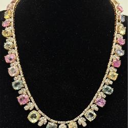 AIGL 18K Yellow Gold Sapphire & Diamond Necklace