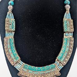 Tibetan Sterling w/Green & Blue Turquoise Necklace