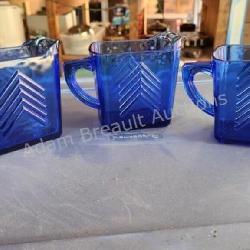 3 vintage small cobalt blue glass pitchers