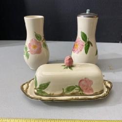 Franciscan butter dish, vase and salt dispenser
