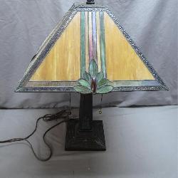 Stained Glass Table Lamp With Mission-Style Art