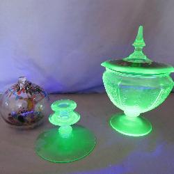 Uranium Glass Duo w/ Colorful Art Glass Ornament