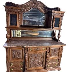 WALNUT VICTORIAN MARBLE TOP SIDEBOARD WITH CURIO