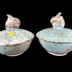 2 McCARTY MOTTLED JADE GLAZE POTTERY BOWLS WITH
