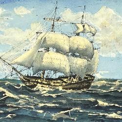 Signed Marine Watercolor Painting of a Frigate