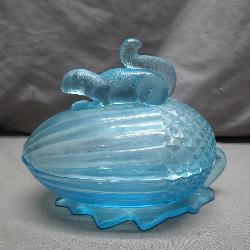 Blue Glass Covered Dish With Squirrel Motif