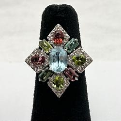 Aquamarine, Tourmaline & Diamond 925 Ring