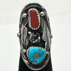 Signed ML Sterling Silver, Turquoise & Coral Ring
