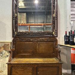 Walnut Hall Tree with Mirror, Brass Hooks, and Lift-Seat Storage Bench