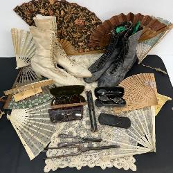 Victorian Leather Boots, Vintage glasses,Fans