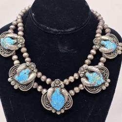 Rare Carved Turquoise & Sterling Necklace 146g
