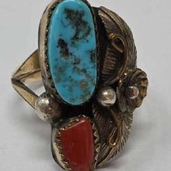 Turquoise & Coral Sterling Ring Size 8,