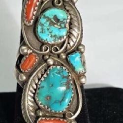 Turquoise & Coral Sterling Ring Size 8.25, 12.35g