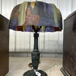 # 81 Reverse Painted Scenic Table Lamp w/ Scalloped Shade 
