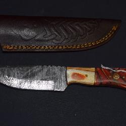 A Contemporary Damascus Steel Fixed-Blade Hunting Knife with Leather Sheath
