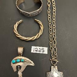 #1225 Lot of 4 - Sterling Silver Bear Pendant w/ Turquoise Stones and Feather’s, 2 bracelets & Silve