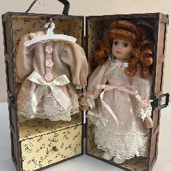 Vtg. Porcelain Doll In Wood Case