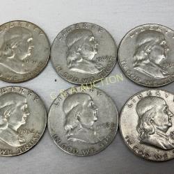 6 Silver Franklin Half Dollars, 1951-1963