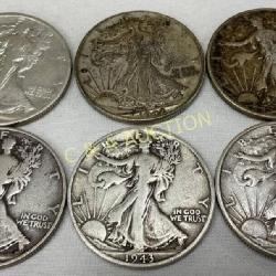 Six 1934-1943 Silver Walking Liberty Half Dollars