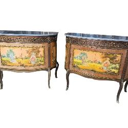 2 SPANISH MADE BRONZE ADORNED MARBLE TOP COMMODES