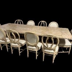 PICKLED FINISH X-BASE DINING ROOM TABLE AND 10