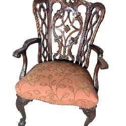 ANTIQUE SOLID MAHOGANY CARVED WING BACK ARM CHAIR