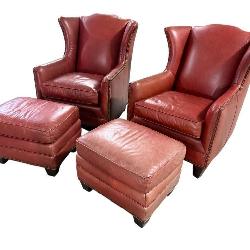 2 KING HICKORY LEATHER CHAIRS AND OTTOMANS