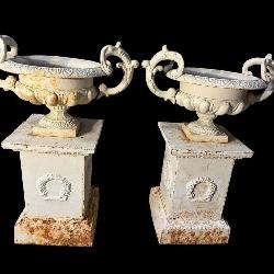 2 LARGE CAST IRON ADAMS STYLE URNS ON STAND
