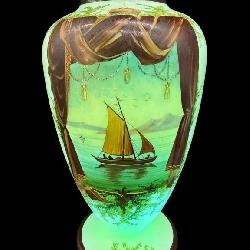ANTIQUE OPALINE SAILBOAT SCENE FOOTED VASE