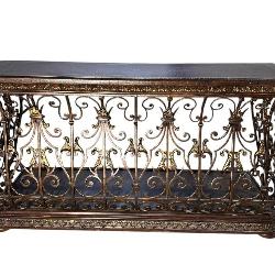 LARGE METAL ORNATE LEATHER TOP CONSOLE